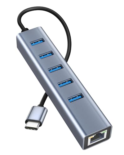 USB auf Ethernet Adapter 6 in 1, Mini Aluminium USB C Hub 5Gbps Datenhub mit RJ45 1000M Netzwerkadapter + 5 USB 3.0 Ports für MacBook Pro,USB Flash Drives von SCHITEC