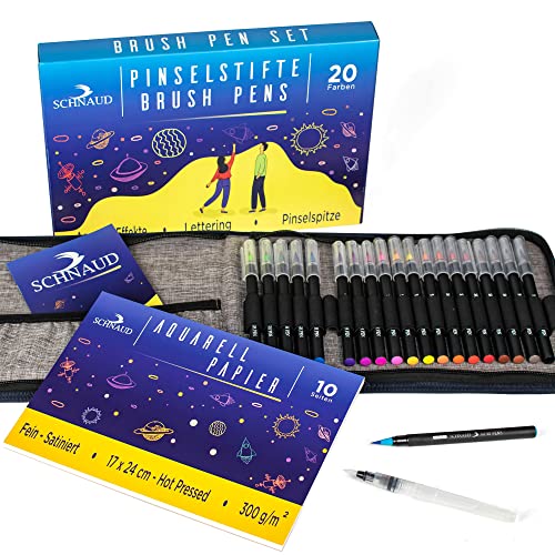 SCHNAUD Pinselstifte Brush Pen Set 20 Farben, Künstlermäppchen mit Wassertankpinsel, Aquarellblock mit 10 Seiten und E-Book, Handlettering Stifte für Bullet Journal, Kalligraphie und Aquarell. von SCHNAUD