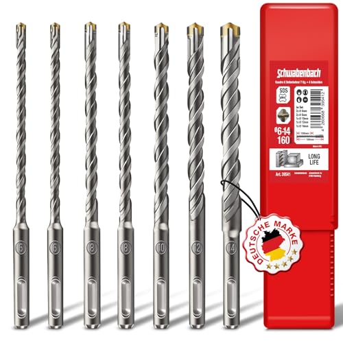 SCHWABENBACH ® SDS PLUS Betonbohrer Set - Super SDS Bohrer Set - 7tlg. 6 8 10 12 14 x 160 mm - Steinbohrer kompatibel mit Bosch Hilti Metabo Bohrhammer - Premium Qualität für Schlagbohrmaschine von SCHWABENBACH