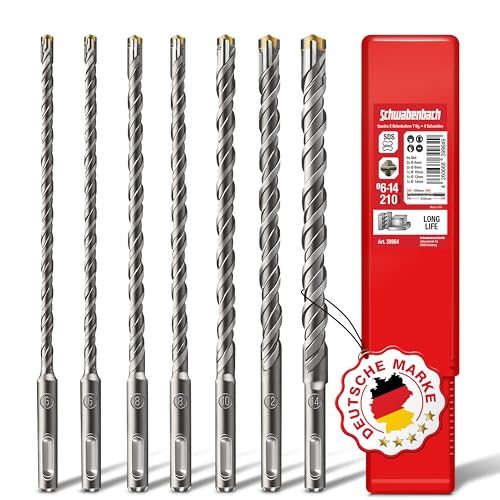 SCHWABENBACH ® SDS PLUS Betonbohrer - Super SDS Bohrer Set - 7tlg. 6 8 10 12 14 x 210 mm - Steinbohrer kompatibel mit Bosch Hilti Makita Metabo Bohrhammer - für Schlagbohrmaschine von SCHWABENBACH