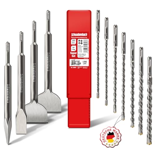 SCHWABENBACH ® SDS PLUS Bohrer- und Meißel-Set 11tlg 7x Betonbohrer 6-14 mm + 4x Meißel Kompatibel mit Bosch Hilti - Extrem robust - Premium Qualität für Bohrhammer & Schlagbohrmaschine (kein SDS MAX) von SCHWABENBACH