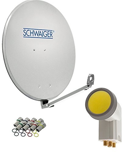 SCHWAIGER 4593 SAT-Anlage Satelliten-Set Satellitenschüssel Quad LNB digital 8X F-Stecker 7mm SAT-Antenne aus Aluminium Komplettset Hellgrau 88 x 88 cm von SCHWAIGER
