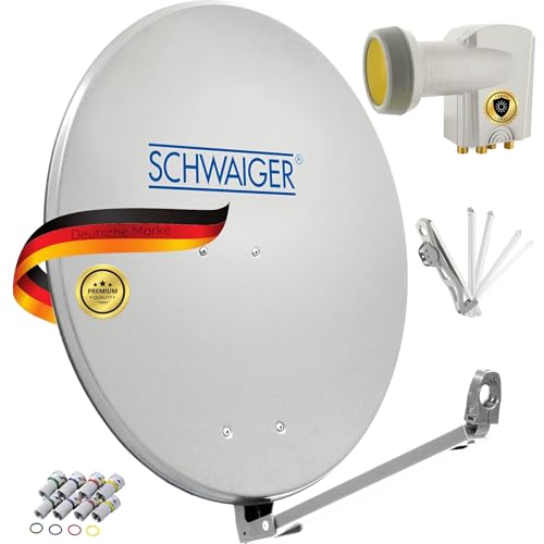 SCHWAIGER 4593 SAT-Anlage Satelliten-Set Satellitenschüssel Quad LNB digital 8X F-Stecker 7mm SAT-Antenne aus Aluminium Komplettset Hellgrau 88 x 88 cm von SCHWAIGER