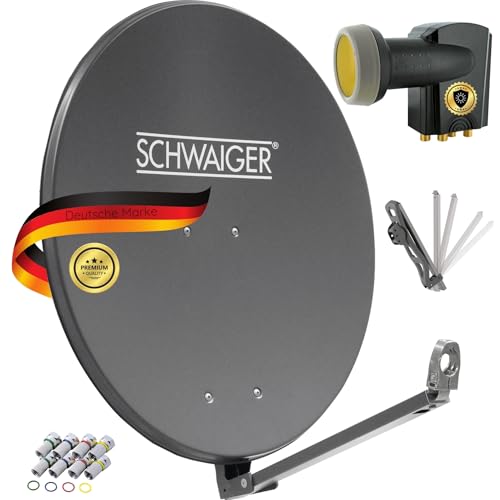 SCHWAIGER 4609 SAT-Anlage Aluminium XXL Satelliten-Set Satellitenschüssel Quad LNB digital 8X F-Stecker 7mm SAT-Antenne Komplettset Anthrazit 88 x 88 cm von SCHWAIGER