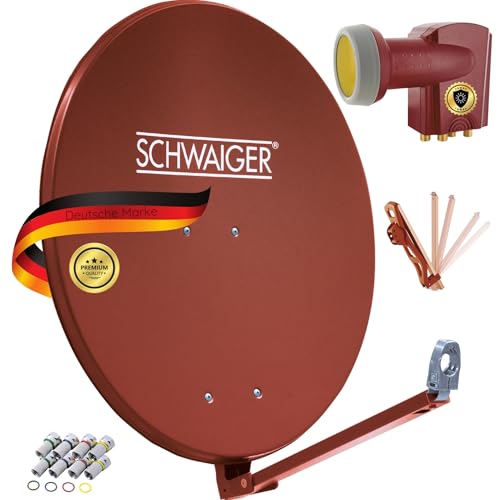 SCHWAIGER 4616 SAT-Anlage Satelliten-Set Satellitenschüssel Quad LNB digital 8X F-Stecker 7mm SAT-Antenne aus Aluminium Komplettset Ziegelrot 88 x 88 cm von SCHWAIGER