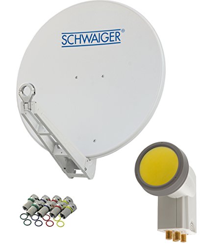 SCHWAIGER -4623- Sat Anlage, Satellitenschüssel mit Quad LNB (digital) & 8 F-Steckern 7 mm, Sat Antenne aus Aluminium, Hellgrau, 75 x 80 cm von SCHWAIGER