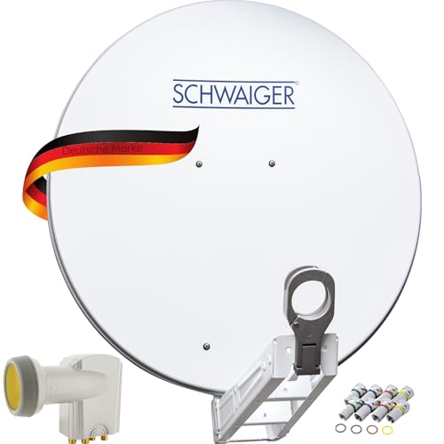 SCHWAIGER SAT-Anlage Aluminium Satelliten-Set Satellitenschüssel Quad LNB digital 8X F-Stecker 7mm SAT-Antenne Komplettset 75 x 80 cm (Hellgrau (RAL7035)) von SCHWAIGER