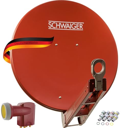 SCHWAIGER SAT-Anlage Aluminium Satelliten-Set Satellitenschüssel Quad LNB digital 8X F-Stecker 7mm SAT-Antenne Komplettset 75 x 80 cm (Ziegelrot (RAL8012)) von SCHWAIGER