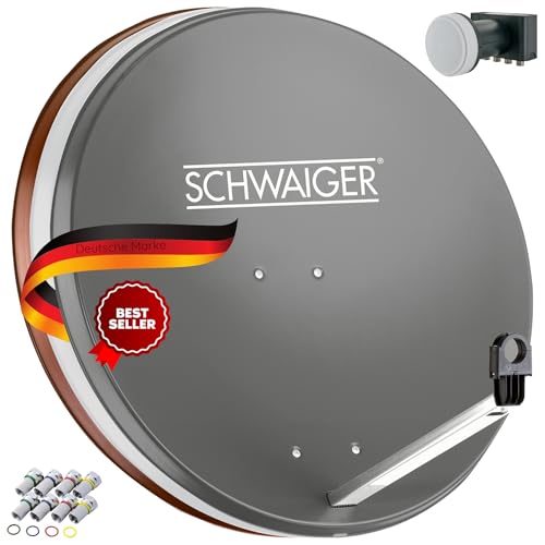 SCHWAIGER Satellitenschüssel Komplettset mit Quad LNB 4fach Digital HD 4K Stahl SAT Schüssel 75cm Anthrazit Masthalterung F-Stecker Montagematerial Astra Hotbird Eutelsat Türksat Amos von SCHWAIGER