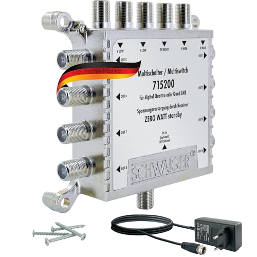 SCHWAIGER 5200 Multischalter 5/8 SAT-Verteiler 8-Teilnehmer SAT-Splitter digital Multiswitch 8-Wege-Verteiler mit externem Netzteil für Quattro/Quad LNB Digital, HDTV, FullHD, 4K, 8K, UHD von SCHWAIGER