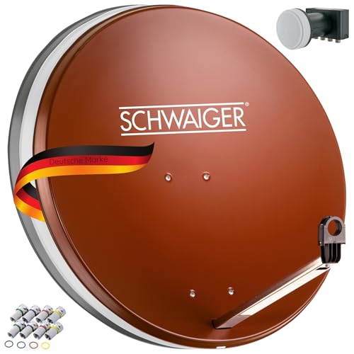 SCHWAIGER 524 SAT-Anlage Satelliten-Set Satellitenschüssel Quad LNB digital 8X F-Stecker 7mm SAT-Antenne aus Aluminium Komplettset Ziegelrot 75 x 85cm von SCHWAIGER