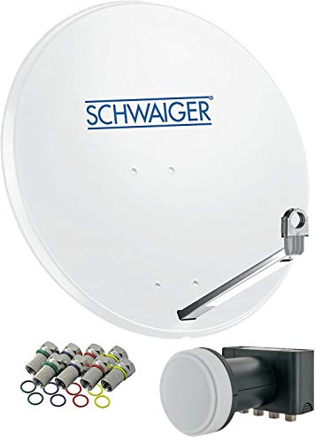 SCHWAIGER 531 SAT-Anlage Satelliten-Set Satellitenschüssel Quad LNB digital 8X F-Stecker 7mm SAT-Antenne aus Aluminium Komplettset Hellgrau 74,5 x 84,5cm von SCHWAIGER