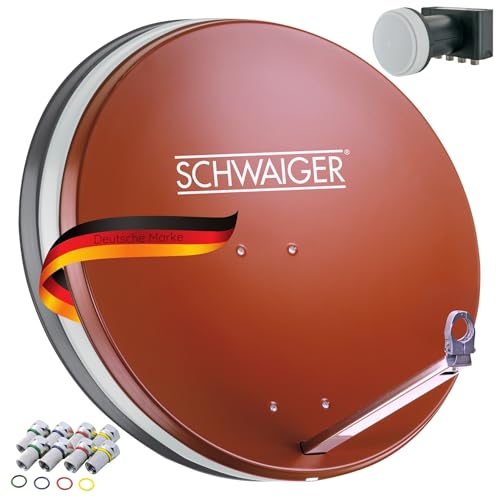 SCHWAIGER SAT-Anlage Aluminium Satelliten-Set Satellitenschüssel Quad LNB digital 8X F-Stecker 7mm SAT-Antenne Komplettset Anthrazit 74,5 x 84,5cm (Ziegelrot (RAL8012)) von SCHWAIGER