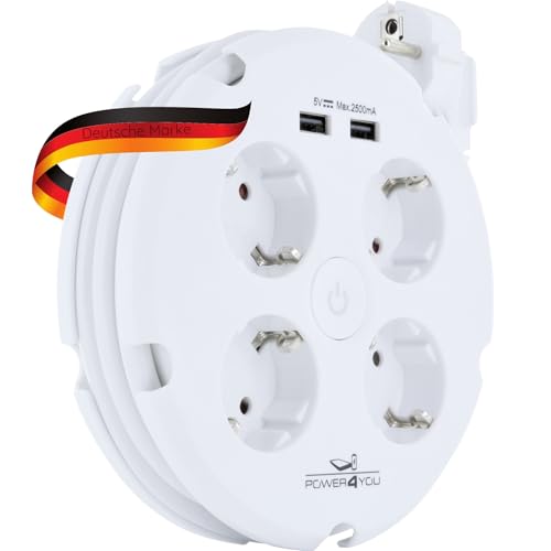 SCHWAIGER 661538 Runde Mehrfachsteckdose Kabeltrommel 4-Fach Steckdosenleiste Multifunktionssteckdose Schuko (max. 3680W) 2X USB-Anschluss (2,5A) EIN-Ausschalter 1,5 m Kabel von SCHWAIGER