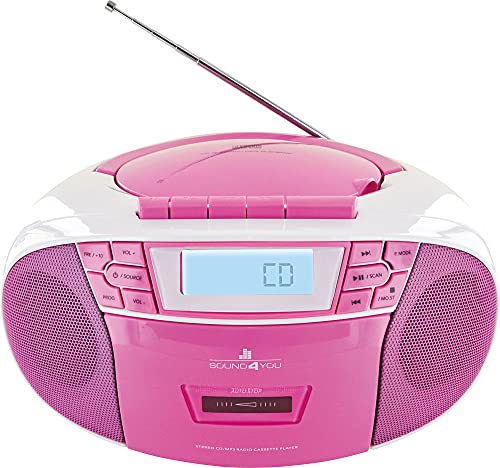 SCHWAIGER 661668 CD-Player mit Kassette und Radio MP3 USB Anschluss FM Radio AUX Kopfhörer Boombox Netz- und Batteriebetrieb Display tragbar pink von SCHWAIGER