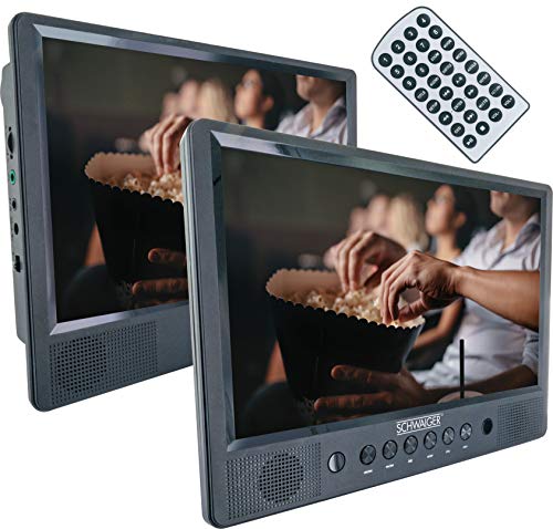 SCHWAIGER 716474 Tragbarer DVD Player 2 Bildschirme Portabler Videospieler Akku Fernbedienung SD-Slot USB-Anschluss Standfuß für KfZ Auto inkl. Befestigunsmaterial von SCHWAIGER