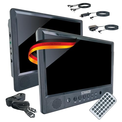 SCHWAIGER DVD Player Mediaplayer Auto KFZ 2 LCD Bildschirme 10 Zoll mit Halterung Kopfstütze CD MP3 USB-A microSD mit Stereo Lautsprecher 12V Adapter Fernbedienung Akku 4h Laufzeit Montagematerial von SCHWAIGER