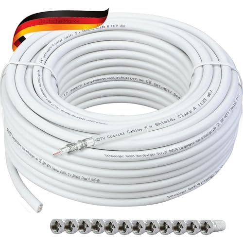 SCHWAIGER 9581 Koaxial-Kabel 25m 135dB Antennen-Kabel Sat-Kabel 75 Ohm TV-Kabel 5-fach geschirmt Feuchtigkeitsresistent 8.2mm Kabeldurchmesser weiß inkl. F-Stecker von SCHWAIGER