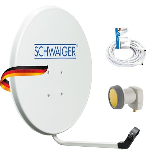 SCHWAIGER 9727 SAT-Anlage Satelliten-Set Satellitenschüssel Single-LNB Koaxialkabel 10m digital SAT-Antenne aus Aluminium Hellgrau 55 x 62cm von SCHWAIGER