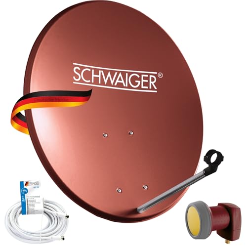 SCHWAIGER 9741 SAT-Anlage Satelliten-Set Satellitenschüssel Single-LNB Koaxialkabel 10m digital SAT-Antenne aus Aluminium Ziegelrot 55 x 62cm von SCHWAIGER