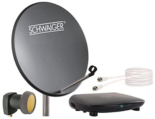 SCHWAIGER 9765 SAT-Anlage Satelliten-Set Satellitenschüssel Single-LNB Receiver Fernbedienung Koaxialkabel digital SAT-Schüssel aus Stahl Anthrazit 55cm von SCHWAIGER