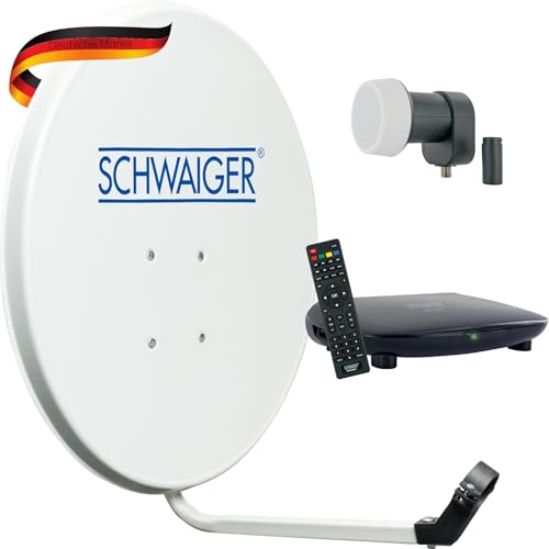 SCHWAIGER SAT-Anlage Satelliten-Set Satellitenschüssel Single-LNB HD-Receiver Fernbedienung digital SAT-Antenne aus Stahl Hellgrau 55cm 1-Teilnehmer kleine Sat-Schüssel von SCHWAIGER