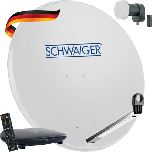 SCHWAIGER SAT-Anlage Satelliten-Set Satellitenschüssel Single-LNB HD-Receiver Fernbedienung digital SAT-Schüssel aus Stahl Hellgrau 80cm 1-Teilnehmer von SCHWAIGER