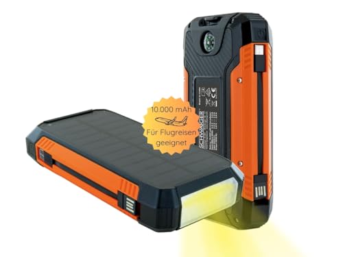 SCHWAIGER SL1000 Solar Powerbank 10.000 mAh Solar-Taschenlampe Solar-Ladegerät Ladestandanzeige Kompass USB-C USB-A Micro-B Camping Flugreise Survival von SCHWAIGER