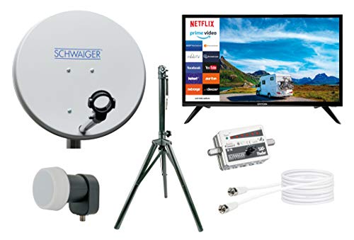 SCHWAIGER TVSET3 SAT Camping Set inkl. TV 24 Zoll HD+ Satellitenschüssel Single LNB Koaxialkabel 10m Dreibeinstativ SAT-Finder Stahl-Antenne 42x42cm von SCHWAIGER