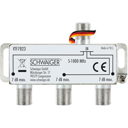 SCHWAIGER VTF7823 531 3fach Verteiler SAT-Verteiler Satellitenverteiler 3-Fach 17dB Entkopplung F-Buchsen Aluminium für SAT-Anlagen Kabelanlagen Silber von SCHWAIGER