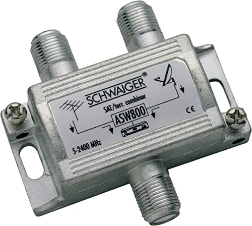 Schwaiger GmbH -ASW800 531- Einschleusweiche/Zusammenschaltung von SAT-ZF und terrestrischem Signal/Terrestrik und SAT/ 2X F-Buchse Eingang > 1x F-Buchse Ausgang/Silber von SCHWAIGER