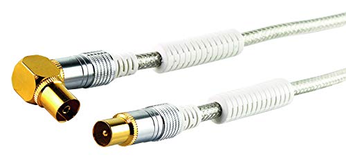 Schwaiger Premium Antennen Anschlusskabel 110 dB mit Ferritkern, 10,0m, transparent, IEC Stecker > 90° IEC Winkelbuchse, 4-Fach Schirmung, 75 Ohm, digital, HDTV, DVB-C/DVB-T2 von SCHWAIGER