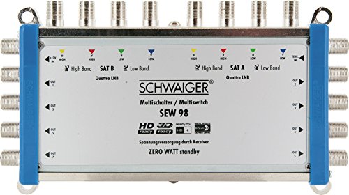 Schwaiger SEW98 531 Multischalter (2 Satellitenpositionen, bis zu 8 Teilnehmer, kein Netzanschluss nötig; DVB-T2 geeignet) Silber von SCHWAIGER