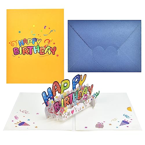 SCHYIDA Pop Up Geburtstagskarte, 3D Grußkarte “HAPPY BIRTHDAY” 3D Pop Up Karte mit Briefumschläge Popup Geburtstagskarte zum Geburtstag Pop-Up Karte Gelb Glückwunschkarte, 20cm * 15cm von SCHYIDA