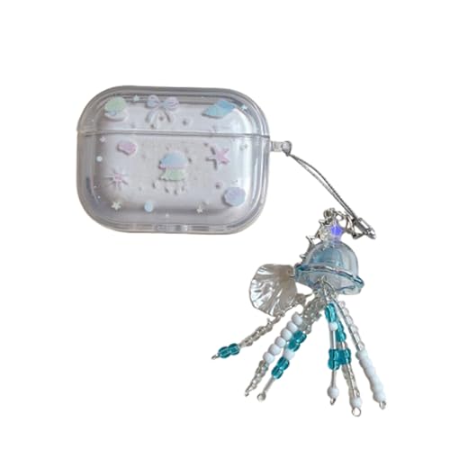 SCJLSDA Schutzhülle für AirPods Pro 2, niedlich, exquisite Quallen, Seestern, Cartoon-Tierdruck, glänzendes Meerjungfrauenschwanz-Design mit Schlüsselanhänger, für Damen und Mädchen (Quallen) von SCJLSDA