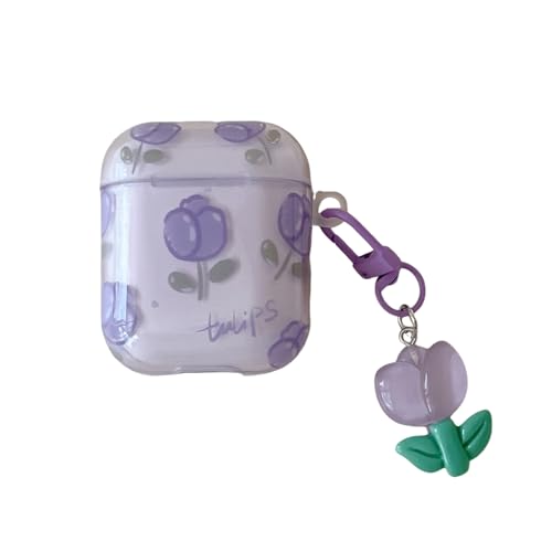 SCJLSDA Schutzhülle für Airpods 2, Blumen, Mädchen, exquisite niedliche Tulpenrose, kabellose Bluetooth-Headset-Abdeckung, Kawaii-Blumen-Hülle mit Kette für Airpod 2. Generation, lila Blume von SCJLSDA