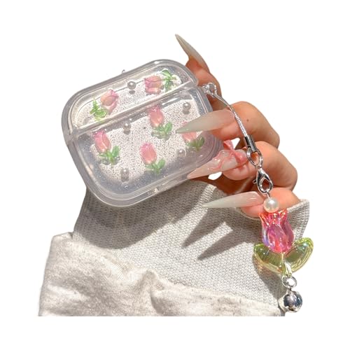SCJLSDA Schutzhülle für Apple Airpods 4, niedlich, exquisites Rosen-Tulpenmuster, Blumen-Design, Kopfhörer-Schutzhülle mit exquisitem Anhänger, für Damen und Mädchen (Tulpe) von SCJLSDA