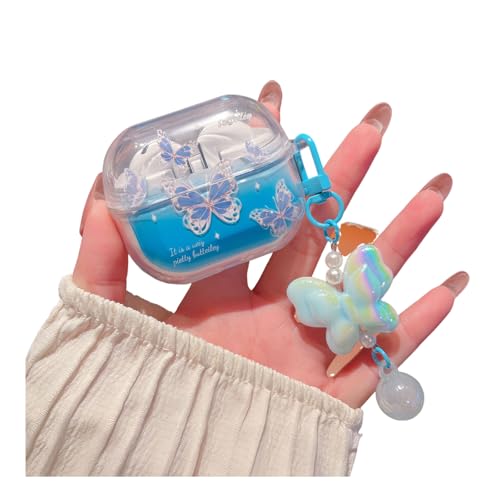 SCJLSDA Schutzhülle für Samsung Galaxy Buds Pro 3/Buds 3, niedlich, Kawaii-Schleife, Blumenmuster, Schmetterling, Kaninchen, Hund, Cartoon, Kopfhörerabdeckung mit Armband (blauer Schmetterling) von SCJLSDA