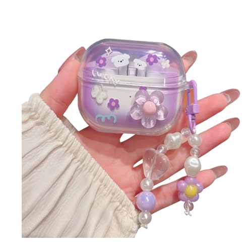 SCJLSDA Schutzhülle für Samsung Galaxy Buds Pro 3/Buds 3, niedlich, Kawaii-Schleife, Blumenmuster, Schmetterling, Kaninchen, Hund, Cartoon, Kopfhörerhülle mit Armband (Blume) von SCJLSDA
