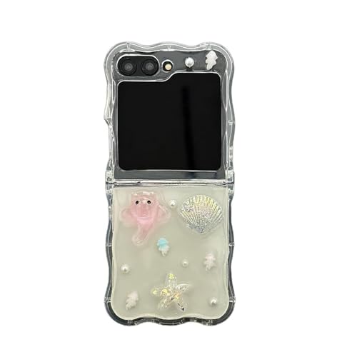 SCJLSDA Schutzhülle für Samsung Galaxy Z Flip 5, 3D, niedliches Seestern-Muschel-Cartoon-Muster, Kawaii, transparente Schutzhülle, mit Perlen-Diamant-Armband für ZFlip 5 (ohne Armband) von SCJLSDA