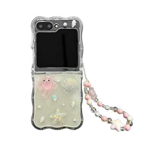 SCJLSDA Schutzhülle für Samsung Galaxy Z Flip 5, 3D, niedliches Seestern-Muschel-Cartoon-Muster, Kawaii-Schutzhülle, mit Perlen-Diamant-Armband für ZFlip 5 (Armband) von SCJLSDA