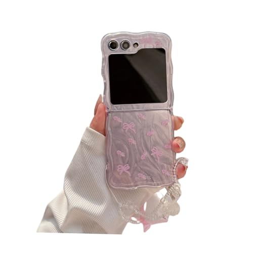 SCJLSDA Schutzhülle für Samsung Galaxy Z Flip 5, Schleife, exquisites süßes Blumenmuster, Kawaii-Hund, Bär, Tier, Handy-Schutzhülle mit Armband (Schleife) von SCJLSDA