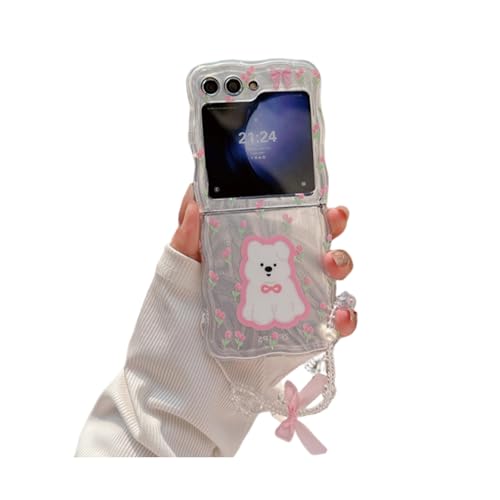 SCJLSDA Schutzhülle für Samsung Galaxy Z Flip 5, Schleife, exquisites süßes Blumenmuster, Kawaii-Hundebär, Tier, Handy-Schutzhülle mit Armband (Hund) von SCJLSDA