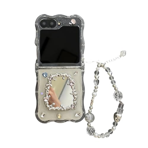 SCJLSDA Schutzhülle für Samsung Galaxy Z Flip 5, exquisites süßes Blumen- und Schleifen-Design, Motiv: Frau, Schmetterling, Biene, Cartoon, Handy-Schutzhülle mit Armband (Diamantspiegel) von SCJLSDA