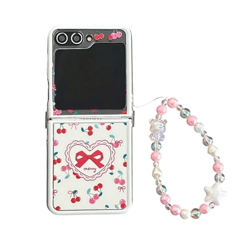 SCJLSDA Schutzhülle für Samsung Galaxy Z Flip 5, mit Spiegel, exquisite niedliche Schleifen, florales Kirschmuster, Kawaii-Blumen, Handy-Schutzhülle mit Armband (Kirsche) von SCJLSDA