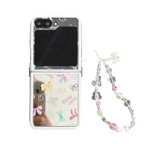 SCJLSDA Schutzhülle für Samsung Galaxy Z Flip 5, mit Spiegel, exquisite niedliche Schleifen, florales Kirschmuster, Kawaii-Blumen, Handy-Schutzhülle mit Armband (Schleife) von SCJLSDA