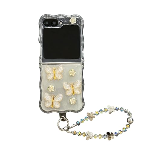 SCJLSDA Schutzhülle für Samsung Galaxy Z Flip 5, mit Spiegel, exquisites süßes Blumen- und Schleifen-Design, Motiv: Frau, Schmetterling, Biene, Cartoon, Handy-Schutzhülle mit Armband (Biene) von SCJLSDA