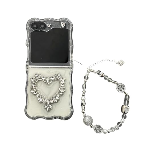SCJLSDA Schutzhülle für Samsung Galaxy Z Flip 5, mit Spiegel, exquisites süßes Blumen- und Schleifen-Design, Motiv: Frau, Schmetterling, Biene, Cartoon, Handy-Schutzhülle mit Armband (Diamond Love) von SCJLSDA