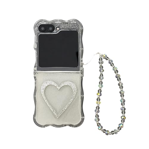 SCJLSDA Schutzhülle für Samsung Galaxy Z Flip 5, mit Spiegel, exquisites süßes Blumen- und Schleifen-Design, Motiv: Frau, Schmetterling, Biene, Cartoon, Handy-Schutzhülle mit Armband (Liebe) von SCJLSDA