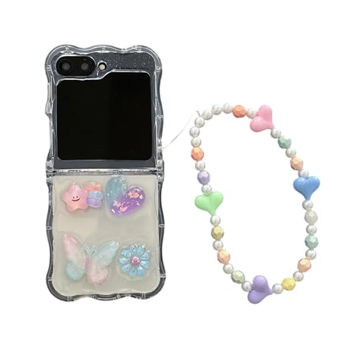 SCJLSDA Schutzhülle für Samsung Galaxy Z Flip 5, mit Spiegel, exquisites süßes Blumen- und Schleifen-Design, Motiv: Frau, Schmetterling, Biene, Cartoon, Handy-Schutzhülle mit Armband (Schmetterling) von SCJLSDA